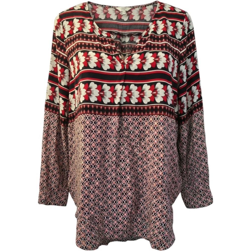 Crown & Ivy Womens Red Black Boho Floral Geometric Long Sleeve Tunic Blouse M